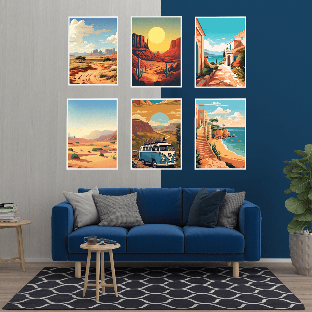 Travel & Adventure Wall Art Set | Desert, Beach & Road Trip Posters SET OF 6 - Memories InsiteADVENTUR WALL FRAME -WHITE SET OF 6